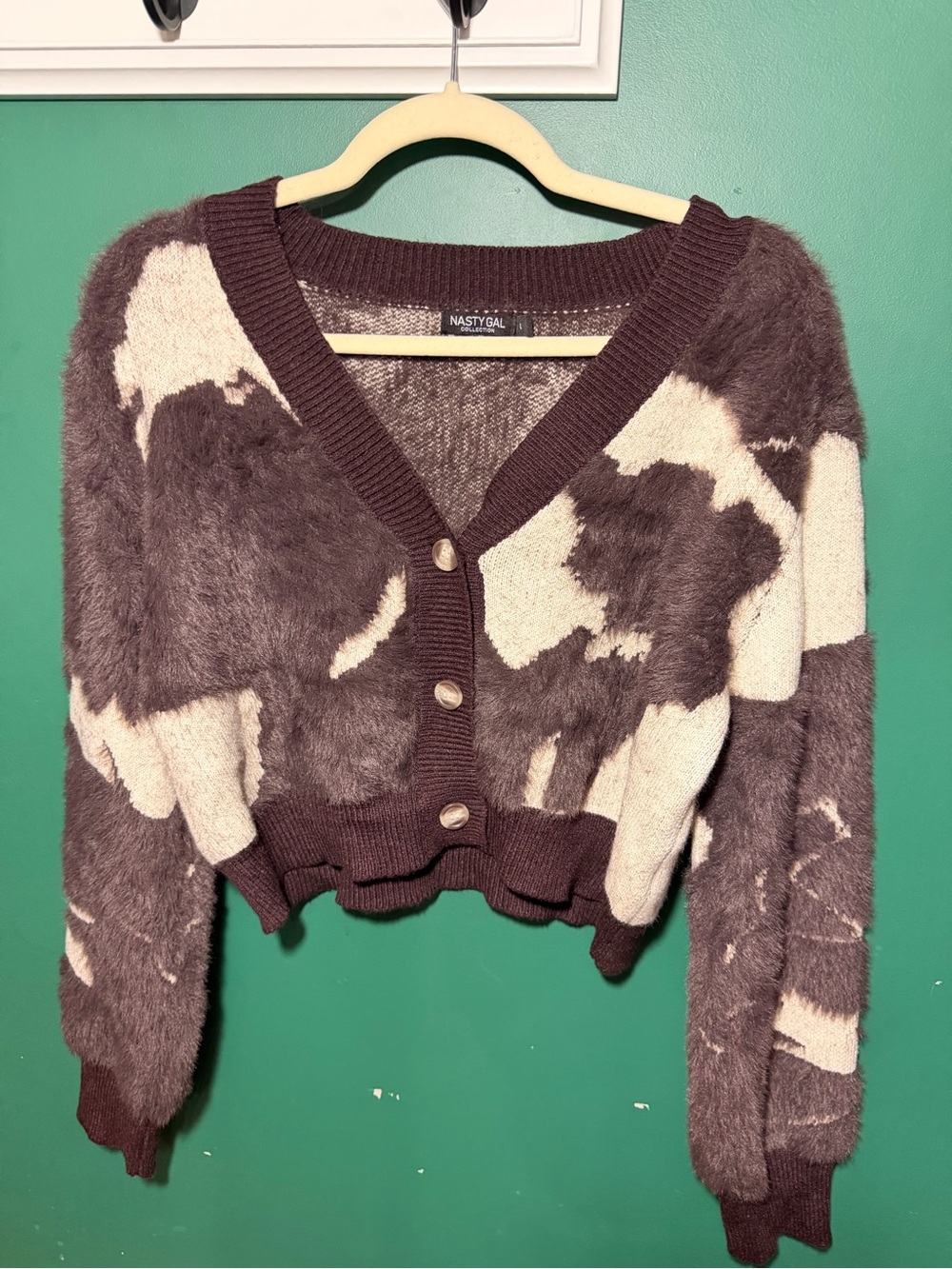 Nasty Gal Brown & Cream Cropped Fuzzy Button Cardigan